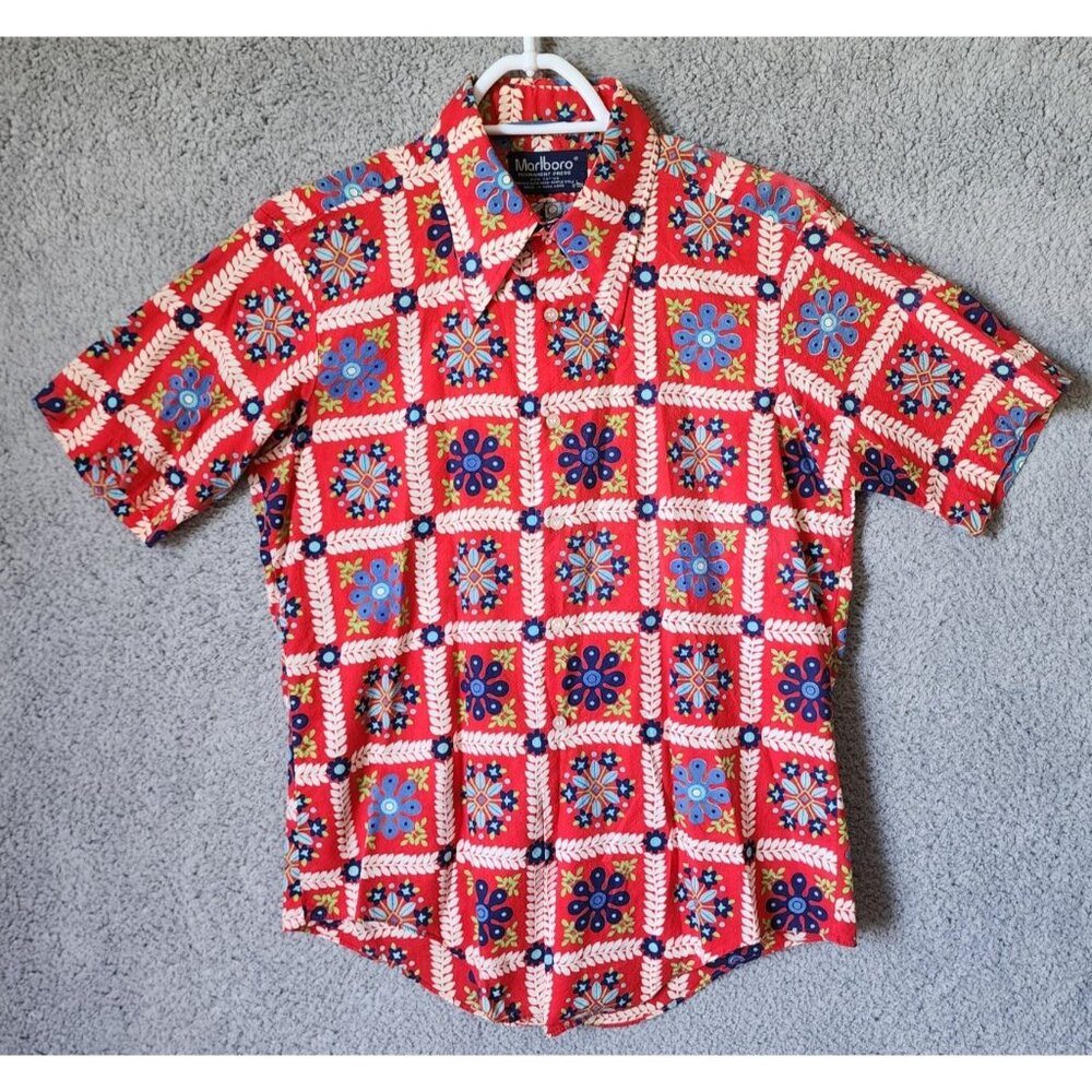 Vintage 70s Marlboro Red Floral Patchwork Short Sleeve Button Up Shirt Size L